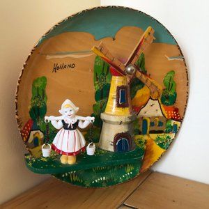 Holland Wooden 3D Wall Hanging Dutch Girl & Windmill 5152 DAMAGED Music Box